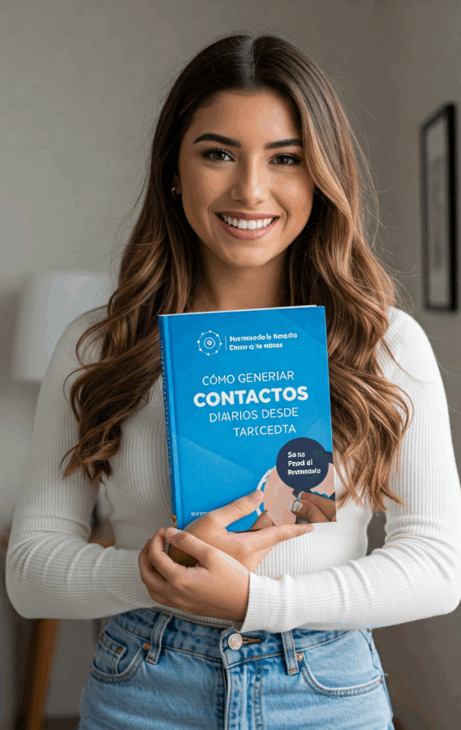emprendedora feliz con su nueva tarjeta de presentacion inteligente de su negocio
