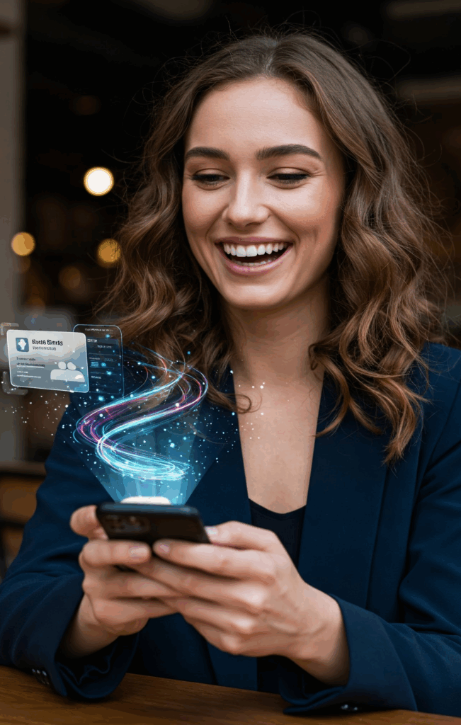 emprendedora feliz con su nuevaSistema automatizado de contacto con Tarjeta Inteligente con IA