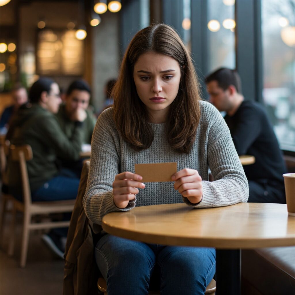 Mujer preocupada sin su Tarjeta de presentación digital con diseño profesional y QR personalizado