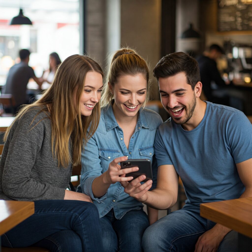 grupo de personas felicez con suTarjeta inteligente integrada con WhatsApp, redes sociales y eCommerce