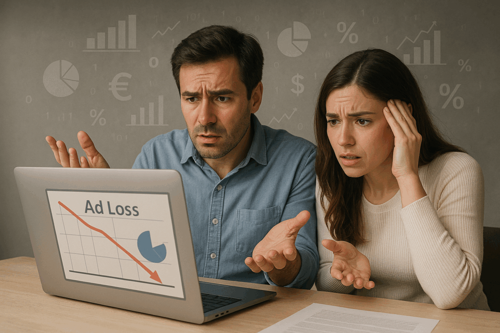 Emprendedores revisando campañas fallidas en su laptop, preocupado por no generar resultados