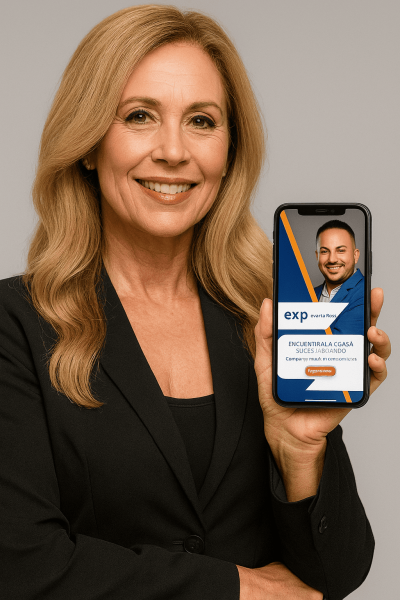mujer mostrando la tarjeta inteligente de Adiel Matos Realtor en Puerto Rico