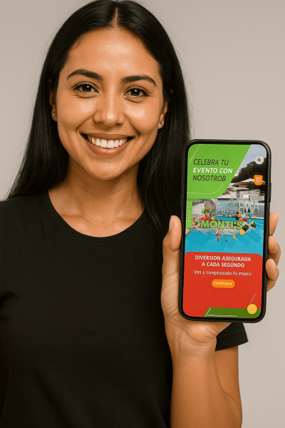 mujer mostrando tarjeta de presetacion de Montis Fiesta